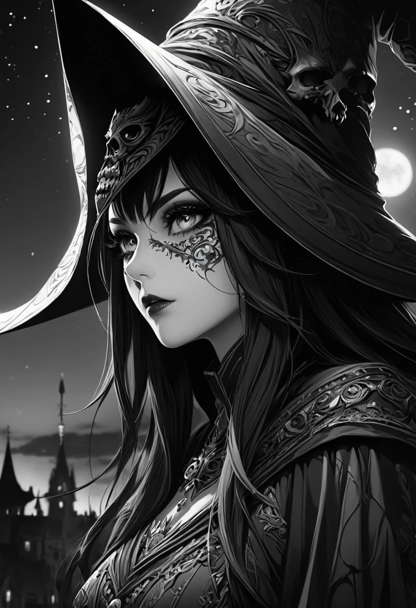 Black and white, monochrome,Side shot,(very detailed CG Unity 8k wallpaper), (masterpiece), (highest quality), (very detailed), (best illustration), (best shadow), (sharp eyeliner, eyeshadow, detailed eyes: 1.1), (skullmake, night sky, :1.1), break,(Wizard of Darkness:1.1),sexy and beauty