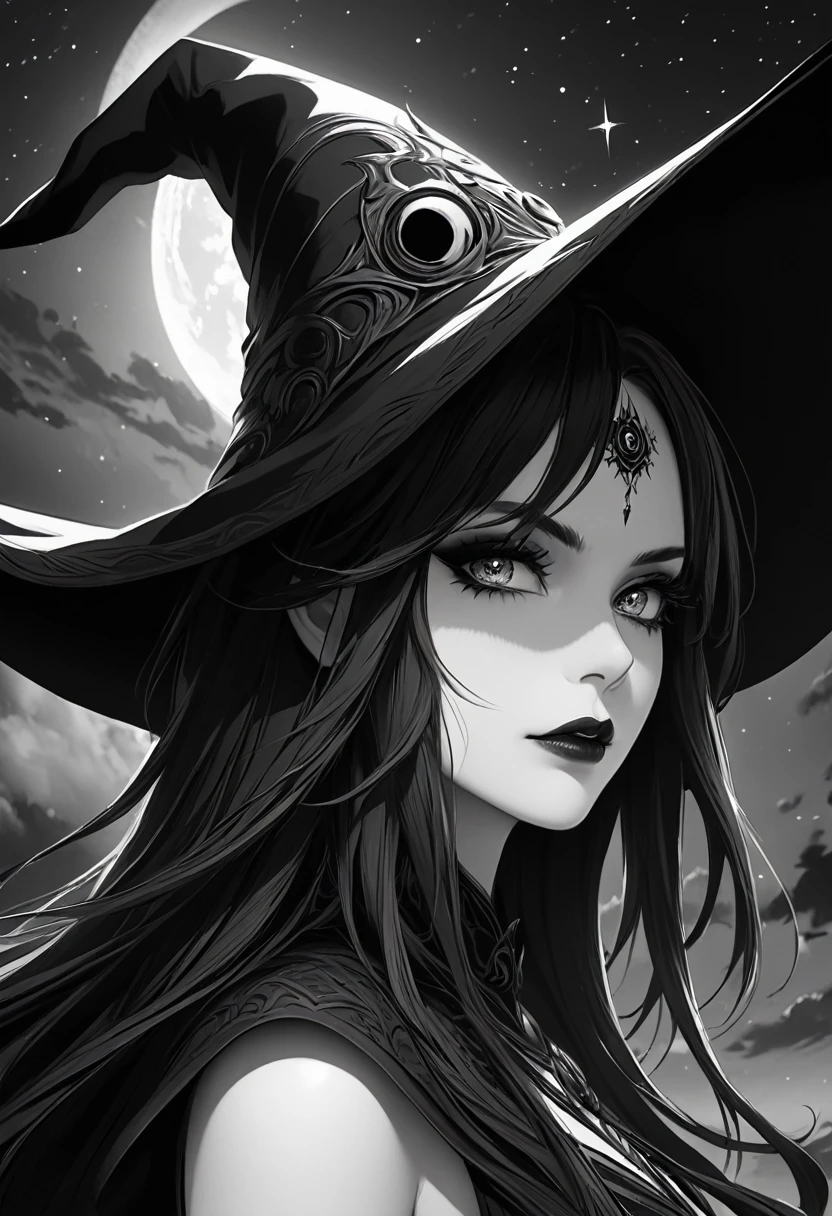 Black and white, monochrome,Side shot,(very detailed CG Unity 8k wallpaper), (masterpiece), (highest quality), (very detailed), (best illustration), (best shadow), (sharp eyeliner, eyeshadow, detailed eyes: 1.1), (skullmake, night sky, :1.1), break,(Wizard of Darkness:1.1)