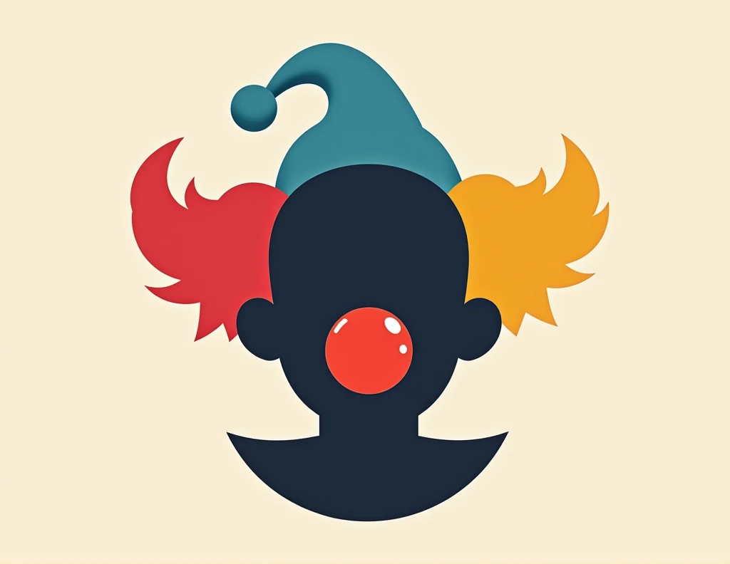 in logo format creates a silhouette of a clown wig with a clown nose 