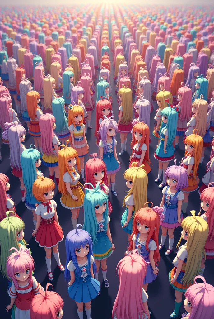 A very very very very very short 5 centimeter patterned skirt in a rainbow color in the room, a colorful 1 meter socks, a 3 meter long hair wearing a rainbow colored hirajuku with a large heart, 7,000 healthy anime girls are so close together that they fill up the generated image., Stand in five rows, press your shoulders against each other, smile slightly, face and body straight ahead, eyes visible, and line up neatly so that at least 200 people can be seen on the screen, take off your shoes and take a group photo while shivering in the cold.