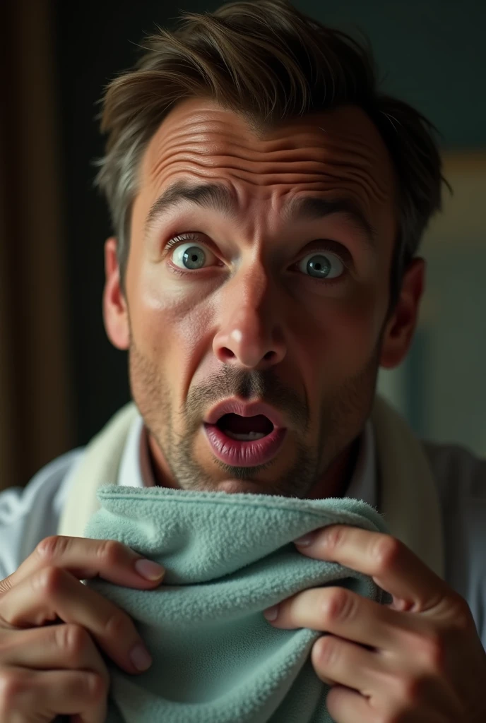 An i.age of glen powell looking shocked holding a towel in front of him