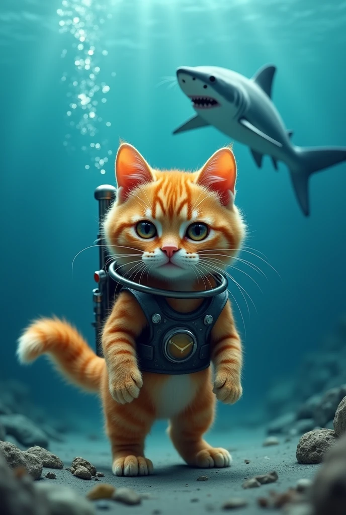 Cute close-up of a diving orange cat., in the sea, complicated details, ((Diving cat)) ,Two-legged standing,under the sea, Standing on two legs,fear,Diving suit,Cat in diving suit,shark,Blue dress,ต่อสู้กับshark