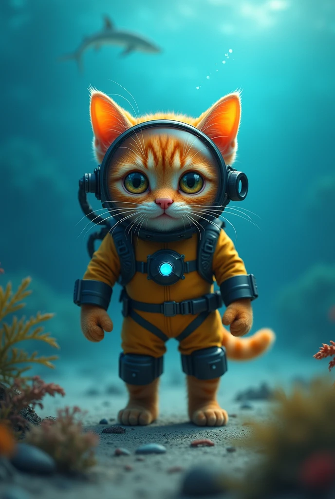 Cute close-up of a diving orange cat., in the sea, complicated details, ((Diving cat)) ,Two-legged standing,under the sea, Standing on two legs,fear,Diving suit,Cat in diving suit,shark,Blue dress,ต่อสู้กับshark
