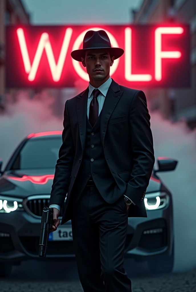 Create a realistic image where a 2 man wearing black luxury suit and wearing a cap and hiding his face with cap and sitting on BMW car with number plate of tango, he's holding a gun in his hand, there is smoke in background a shadow of wolf. In background the name "wolf" is showing in bold and neon effects just above the head of the character as per his name.