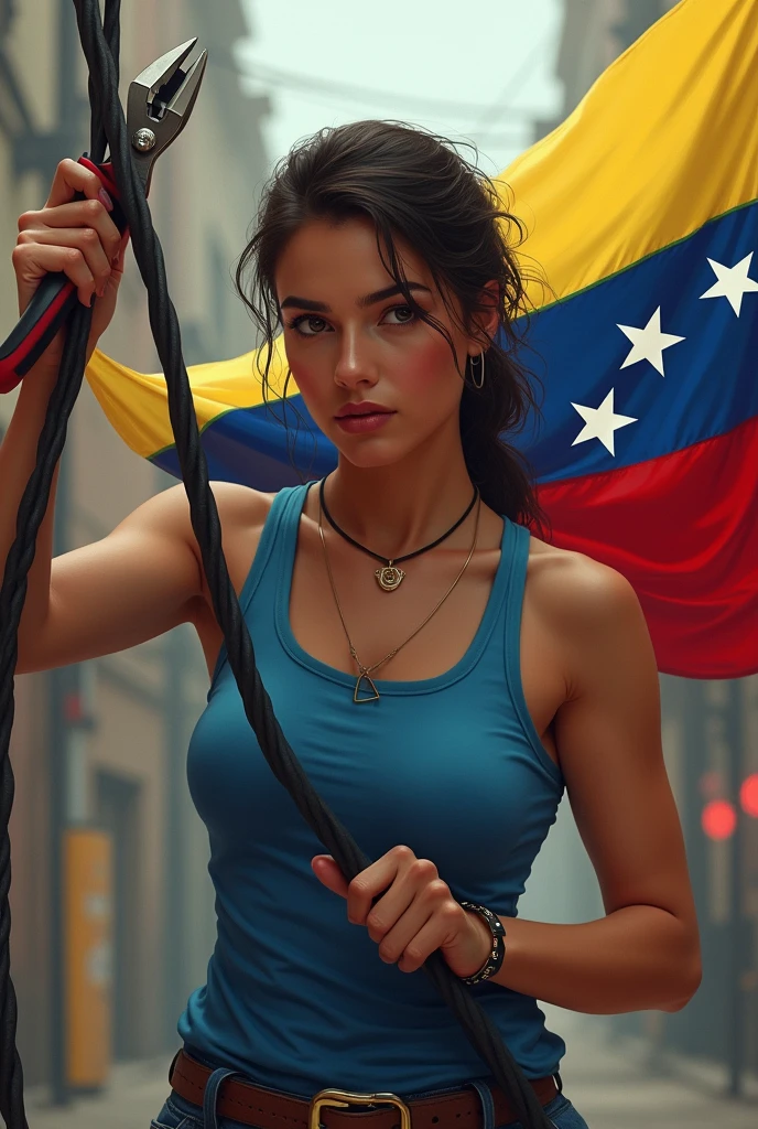 Woman with a Venezuelan flag with pliers in her hand, They cut an electric wire
