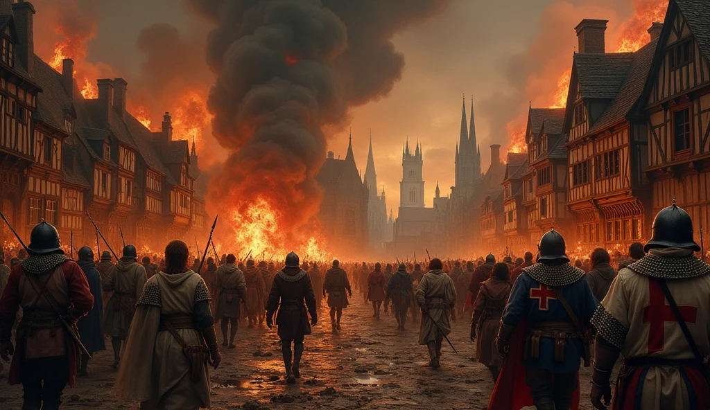 A harrowing painting depicting English troops ruthlessly sacking and burning a Norman city in the 14th century. The scene is engulfed in chaos, with towering flames consuming half-timbered buildings, their orange and red hues casting a sinister glow over the darkened sky. English soldiers, clad in chainmail and surcoats bearing the cross of St. George, are seen looting valuables from the crumbling structures, their faces grim and determined. In the foreground, civilians flee in terror, their expressions a mix of despair and fear, clutching whatever possessions they can carry. The streets are littered with debris, and in the background, the silhouette of a grand cathedral is barely visible through the thick smoke. The overall atmosphere is one of devastation and dread, with dark, moody tones dominating the palette, capturing the brutal reality of medieval warfare. The detailed, evocative style is inspired by the work of Edmund Blair Leighton, emphasizing the tragic consequences of thes, Surrealism, Hyperrealism, UHD, retina, masterpiece, accurate, anatomically correct, textured skin, super detail, best quality, 16k