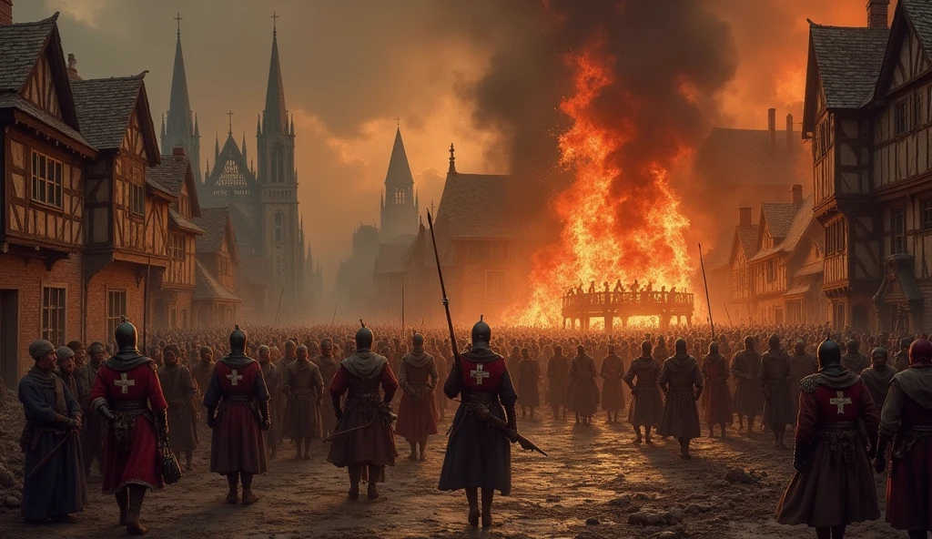 A harrowing painting depicting English troops ruthlessly sacking and burning a Norman city in the 14th century. The scene is engulfed in chaos, with towering flames consuming half-timbered buildings, their orange and red hues casting a sinister glow over the darkened sky. English soldiers, clad in chainmail and surcoats bearing the cross of St. George, are seen looting valuables from the crumbling structures, their faces grim and determined. In the foreground, civilians flee in terror, their expressions a mix of despair and fear, clutching whatever possessions they can carry. The streets are littered with debris, and in the background, the silhouette of a grand cathedral is barely visible through the thick smoke. The overall atmosphere is one of devastation and dread, with dark, moody tones dominating the palette, capturing the brutal reality of medieval warfare. The detailed, evocative style is inspired by the work of Edmund Blair Leighton, emphasizing the tragic consequences of thes, Surrealism, Hyperrealism, UHD, retina, masterpiece, accurate, anatomically correct, textured skin, super detail, best quality, 16k