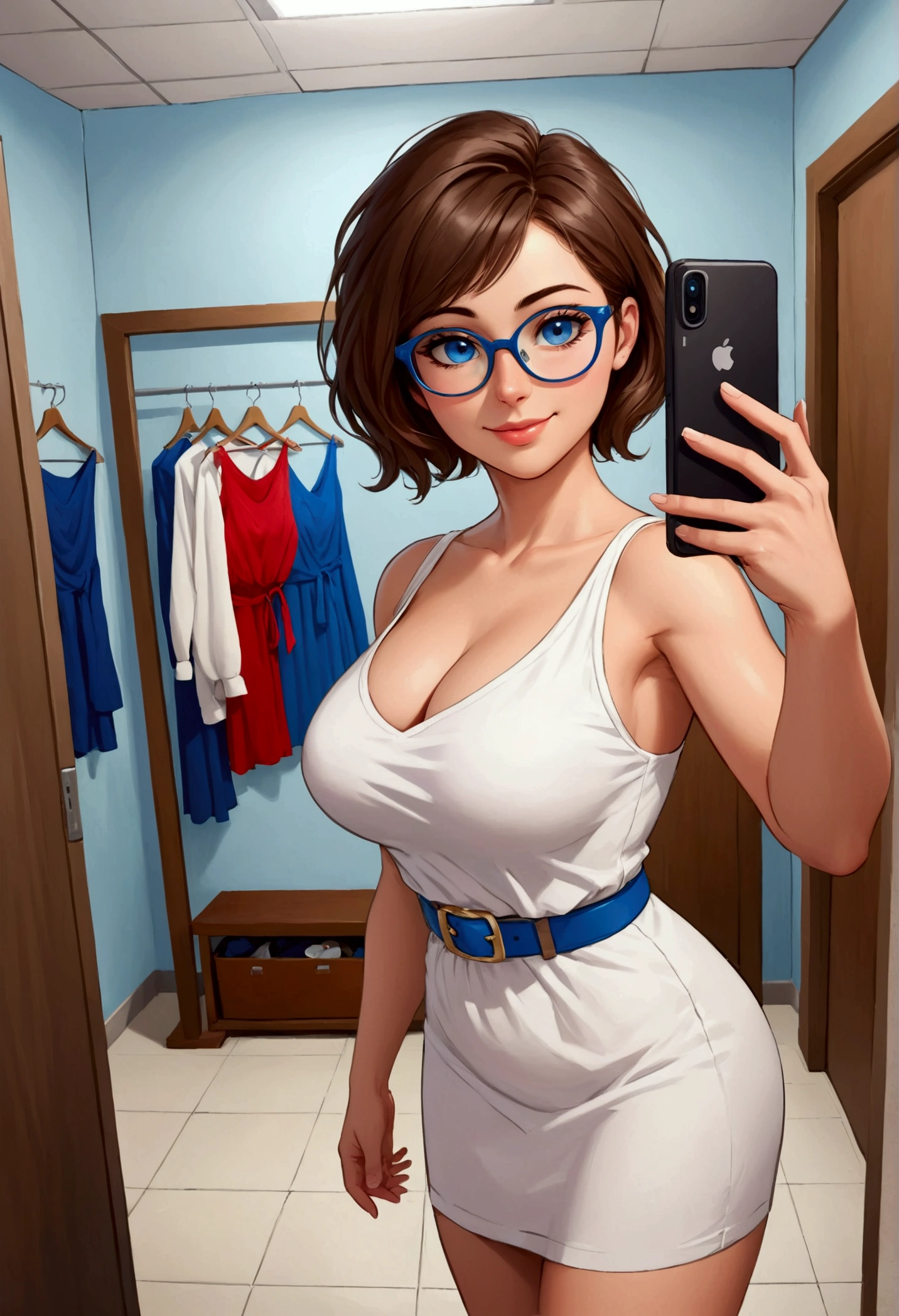 20 years old woman, Short brown hair, Mediterranean with blue eyes, Generous and heavy breasts, slender waist, definition of l'estomac, fesses rebondies et pulpeuses, naturally curved, muscular thighs, aguicheuse , blue eye, lunettes, fitting room, White dress, Red belt ,Selfie, ssmile