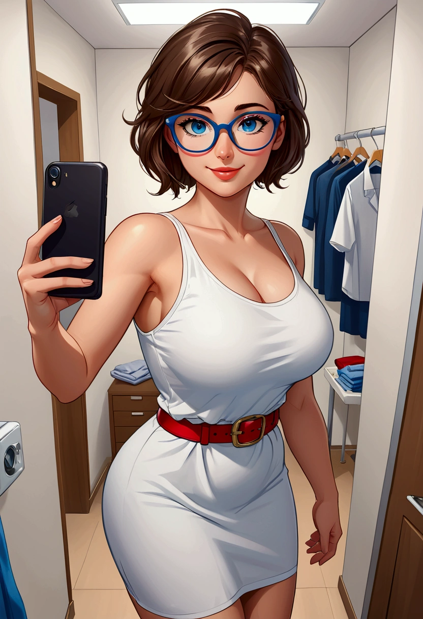20 years old woman, Short brown hair, Mediterranean with blue eyes, Generous and heavy breasts, slender waist, definition of l'estomac, fesses rebondies et pulpeuses, naturally curved, muscular thighs, aguicheuse , blue eye, lunettes, fitting room, White dress, Red belt ,Selfie, ssmile