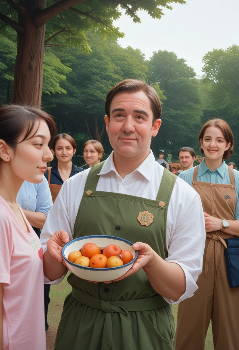 a painting of a woman WOMAN WOMAN holding a bowl of fruit in front of a group of people, inspired by George Tooker, inspired by Grant Wood, by George Tooker, inspired by Jens Ferdinand Willumsen, inspired by Stevan Dohanos, inspired by Mark Gertler, the potatoes eaters, ( ( ( grant wood ) ) )