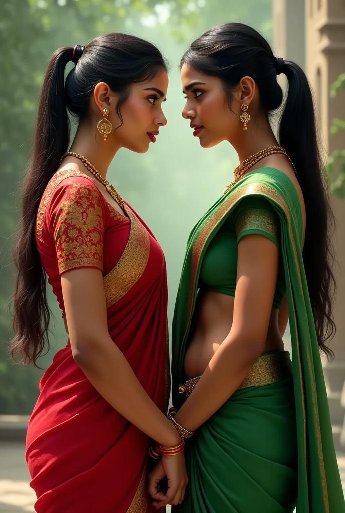 Two women both in saree with deep neck blouse with navel clearly visible. One woman in red saree and the other in green saree. Hair tied in pony tail. Both women standing face to face with breasts and belly touching and staring with hatred towards each other.