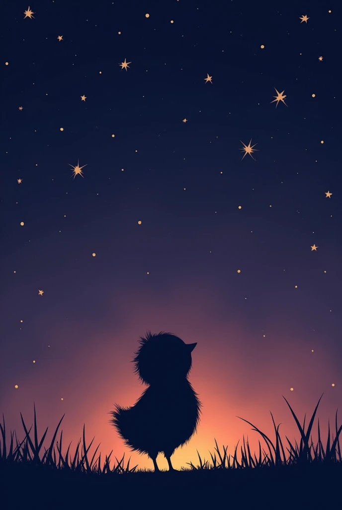 Dessin histoire pour enfant, dessin mignon, nuit ciel violet sombre avec des étoiles, silhouette noir d'un poussin qui regarde le ciel