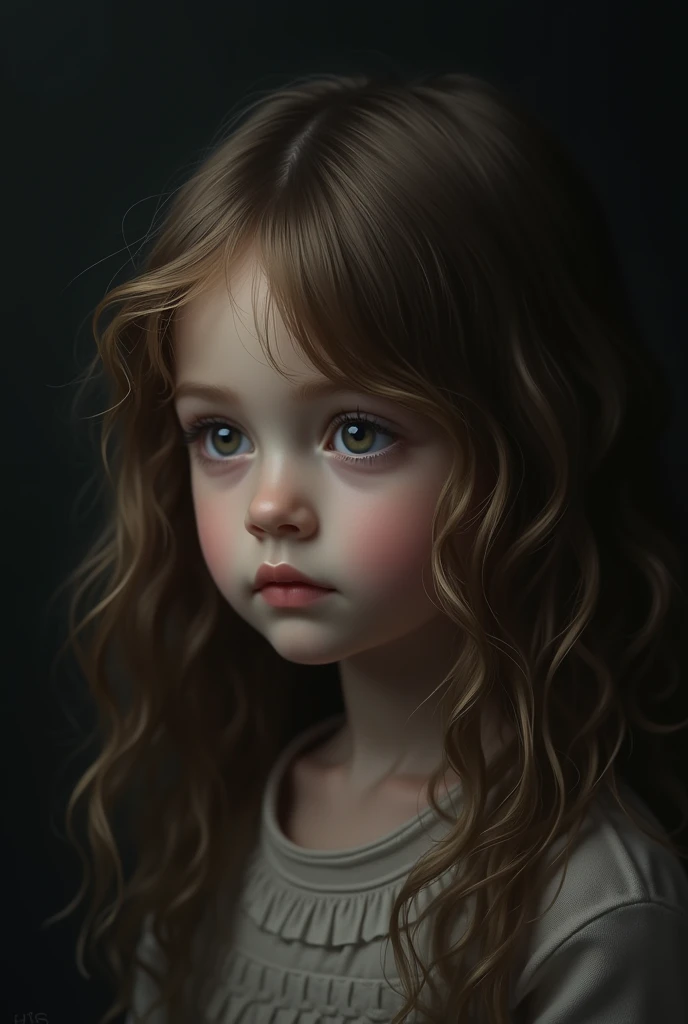 one , child, light brunette, long hair, blackw, wavy