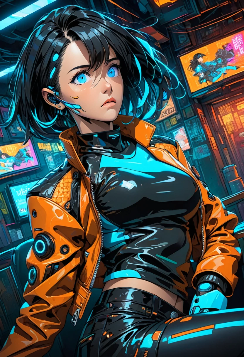 illustration, detailed illustration, ultra detailed, dynamic angle, cyberpunk, 50 year old woman, medium black hair, hair with cyan streaks, mismatched eyes, cybernetic eye, blue eye, lean, medium breasts, black leather top, orange leather jacket, tired expression, cowboy shot, dark bar interior, dark environment