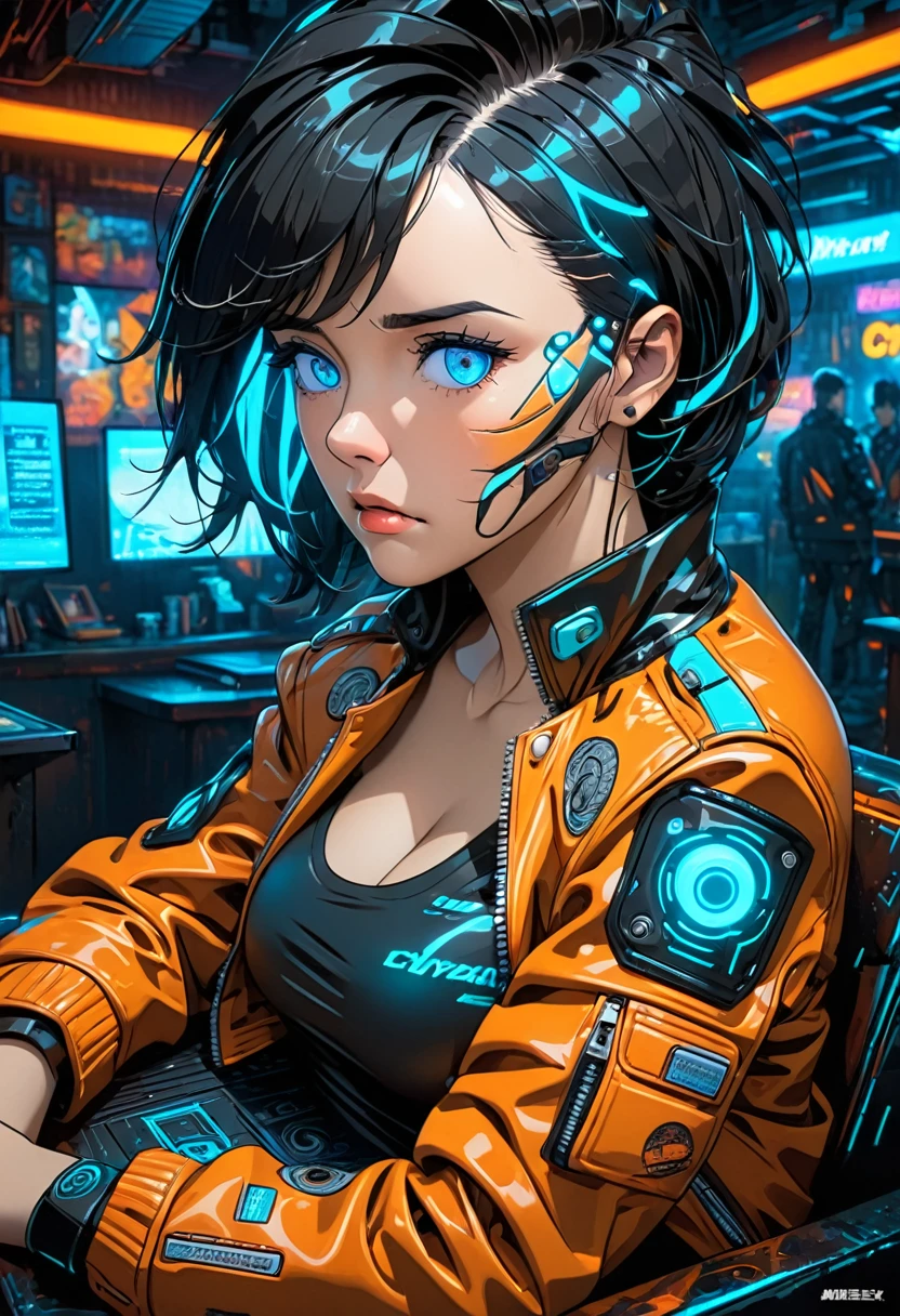 illustration, detailed illustration, ultra detailed, dynamic angle, cyberpunk, 50 year old woman, medium black hair, hair with cyan streaks, mismatched eyes, cybernetic eye, blue eye, lean, medium breasts, black leather top, orange leather jacket, tired expression, cowboy shot, dark bar interior, dark environment