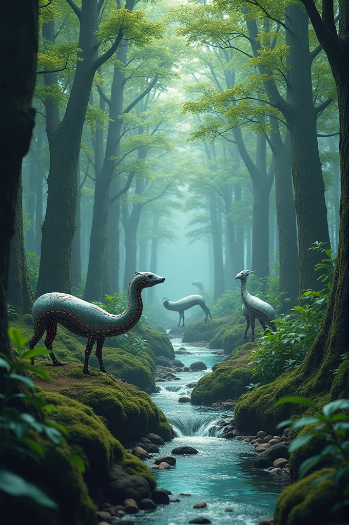Create an image showing a forest with trees that have integrated circuits and LED lights instead of leaves, with a river that looks like a digital data stream, and robotic animals interacting with nature.