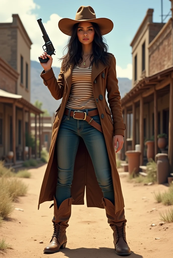 Beautiful, Mexican, young woman, wearing long sleeved stripe shirt, wearing brown leather trench coat, wearing tight blue jeans, wearing brown leather cowboy boots, wearing brown leather cowboy hat, land strand of dry grass in mouth, old revolver in hand, standing in an old west town
