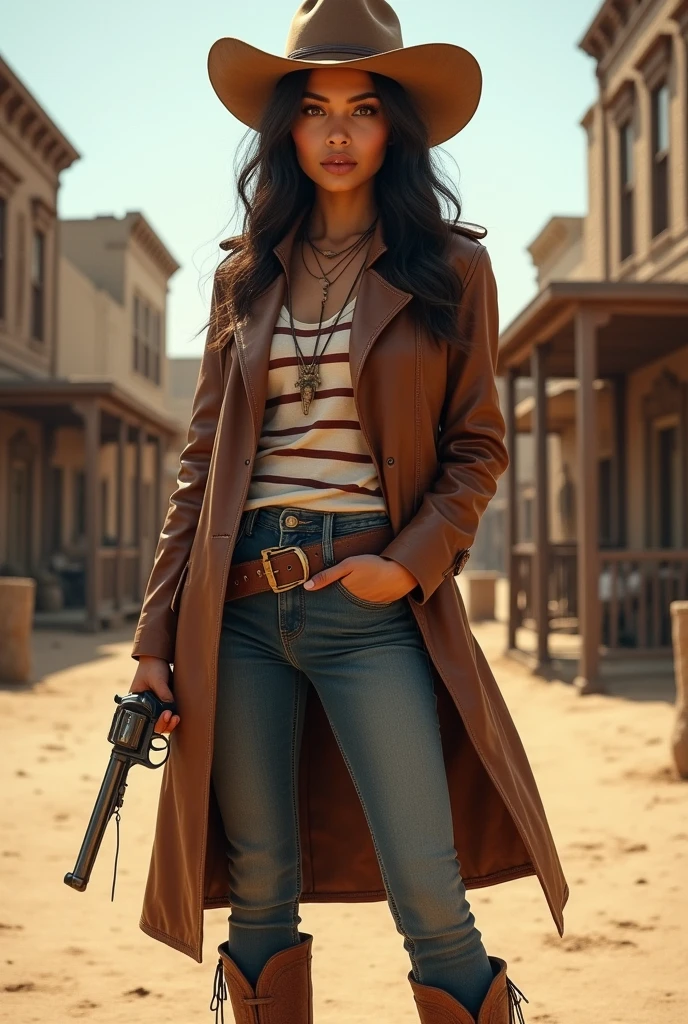 Beautiful, Mexican, young woman, wearing long sleeved stripe shirt, wearing brown leather trench coat, wearing tight blue jeans, wearing brown leather cowboy boots, wearing brown leather cowboy hat, land strand of dry grass in mouth, old revolver in hand, standing in an old west town