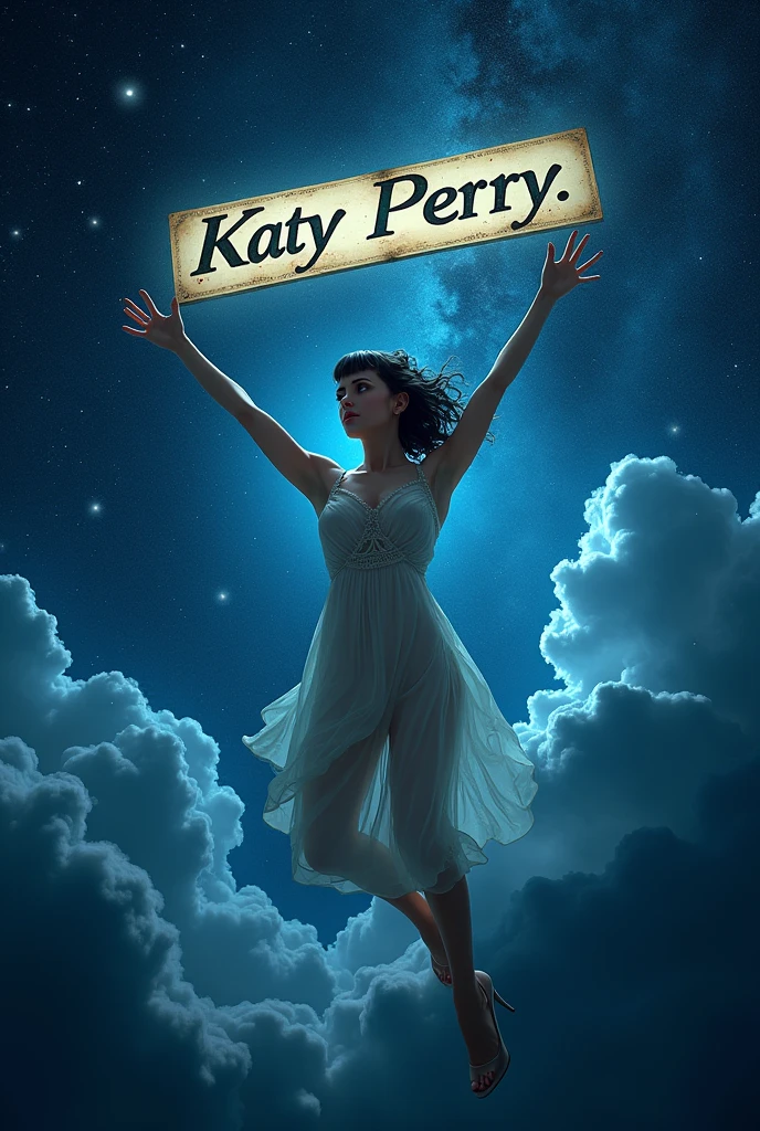 katy perry floating in starry sky real-looking with banner "KATY PERRY" on top