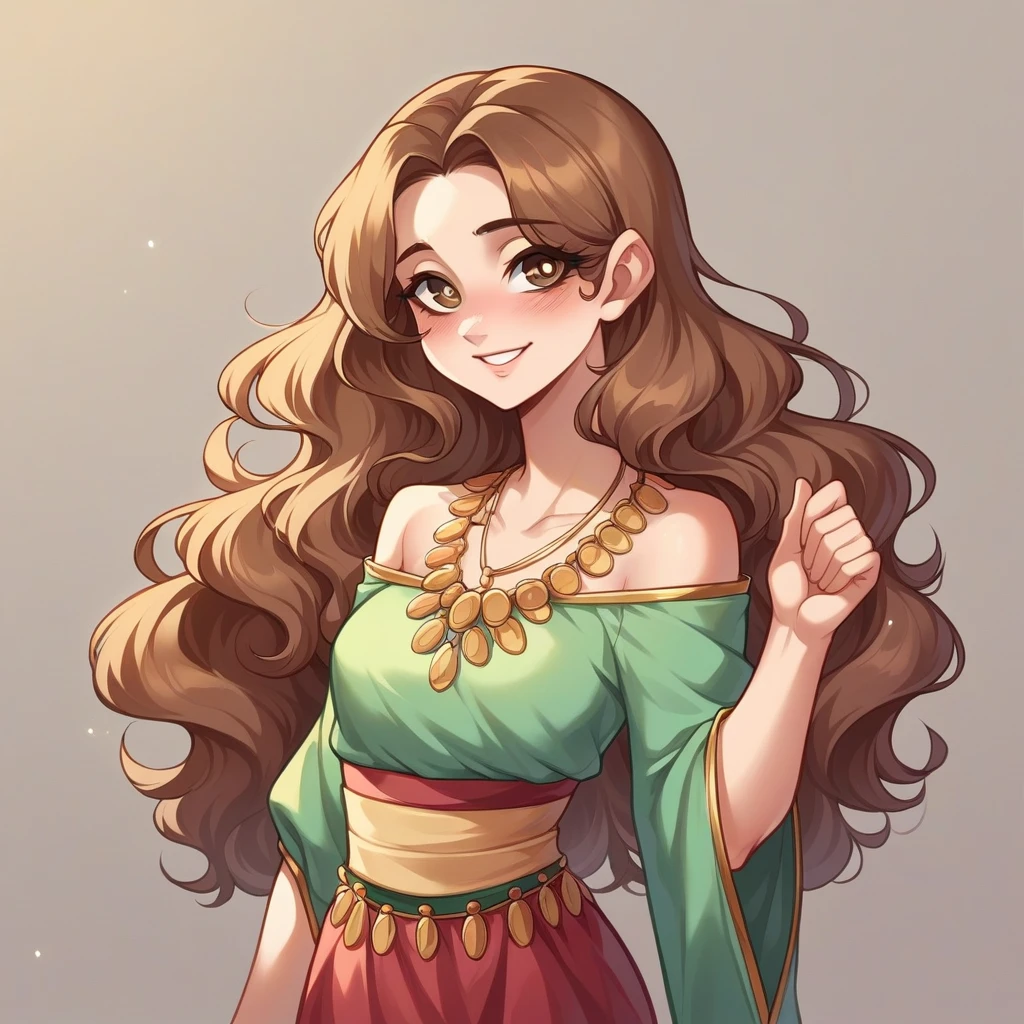 1girl, Solo, Looking at viewer, Chestnut Brown Hair, Wavy Hair, Brown Eyes, Long Hair, Pale Skin, Almond Shaped Eyes, Slender, Hippie Clothes, Blush, Smiling, 

- **Hair**: Lila has rich, chestnut brown hair with a slight wav
- **Eyes**: Lila has large, expressive brown eyes, but with golden flecks that give them a warm, amber glow.
- **Complexion**: She has a slightly warmer complexion with a natural rosy tint to her cheeks.
- **Height**: Lila stands at 5'2", with a more  and athletic build due to her love of outdoor activities.
- **Style**: Lila’s style is more bohemian, She favors flowy skirts, layered tops, and earthy tones, often accessorized with handmade jewelry.