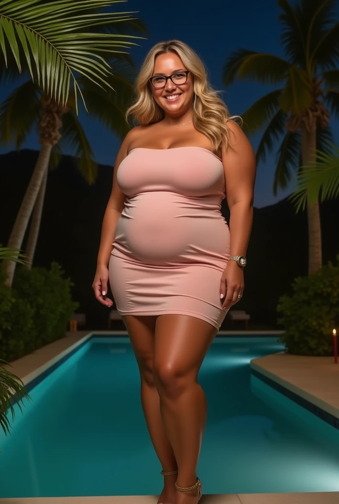 PICTURE REALISTIC, best qualityer, work of art, Full-body image, Create the image of a mature woman, gorgeous face, 4 beauty, (corpo BBW), she is beautiful, milf, elegant woman, posh, wavyhair, norwegian blonde, skin fair, she has an hourglass body, Curvy Body, thick body, waist long, wide hip, woman strong, muscular legs, Round ass, sexly, (breasts big: 1,6), (voluminous breasts), heavy breasts, heavy breasts, she is wearing (light pink tight and short dress), vestido sexly, Very short dress, grandd decotes, high-heels, glasses, smiling happily, standing, No deck, Conception Lagoon, Florianópolis, night ambience, the night