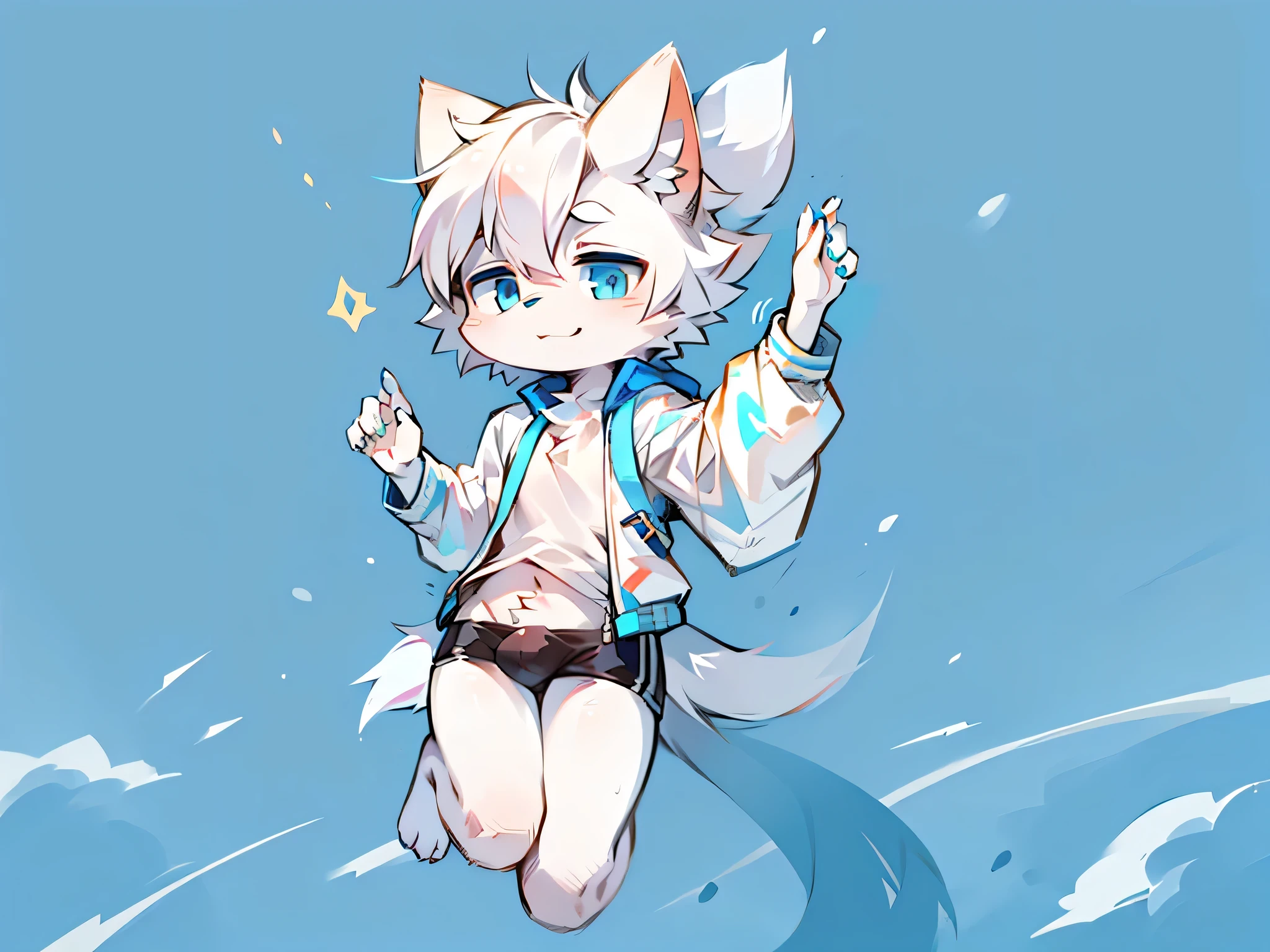 solo,boy,cute face,white fur,white shirt,white jacket,open button jacket,right eye close,blue eyes,white tail,white hair,flying balls,blue background