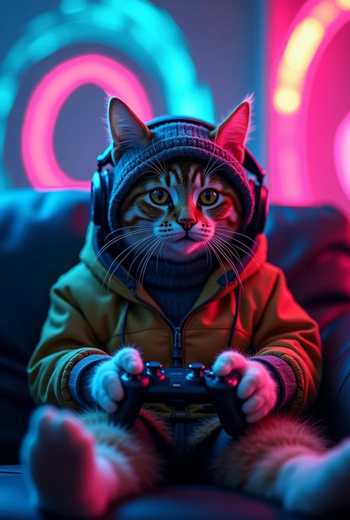 Image of a gamer cat, anthropomorphized, sitting on a couch wearing a beanie coat, holding a video game controller, throwing, using a headset with a microphone, half fluorescent light environment, swirly vibrant colors, colored leds, perfect cat, feline, highy detailed