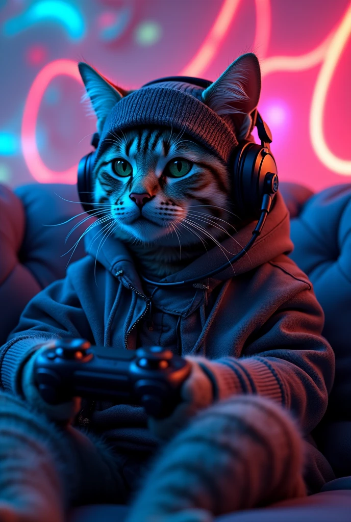 Image of a gamer cat, anthropomorphized, sitting on a couch wearing a beanie coat, holding a video game controller, throwing, using a headset with a microphone, half fluorescent light environment, swirly vibrant colors, colored leds, perfect cat, feline, highy detailed