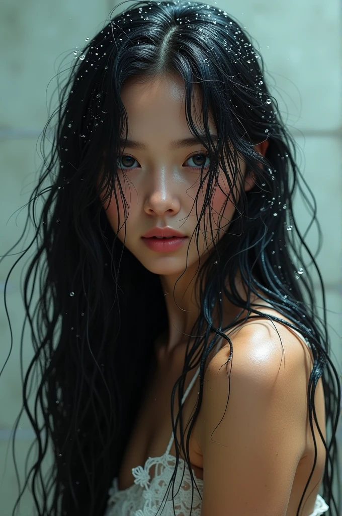 A girl with very wet long hairs