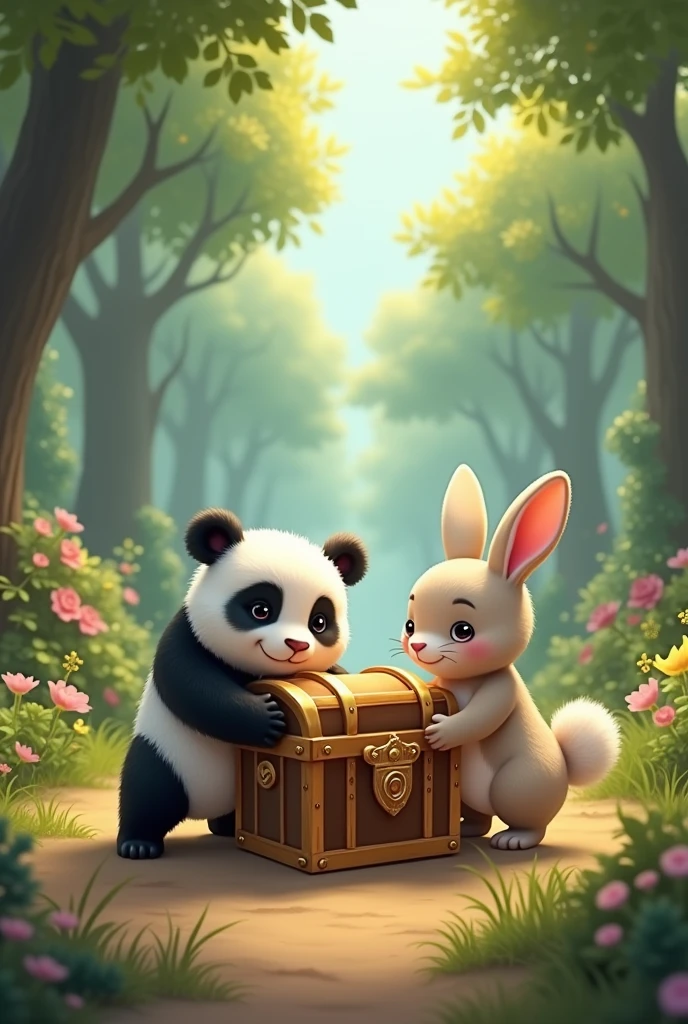 A panda and a rabbit carrying a chest