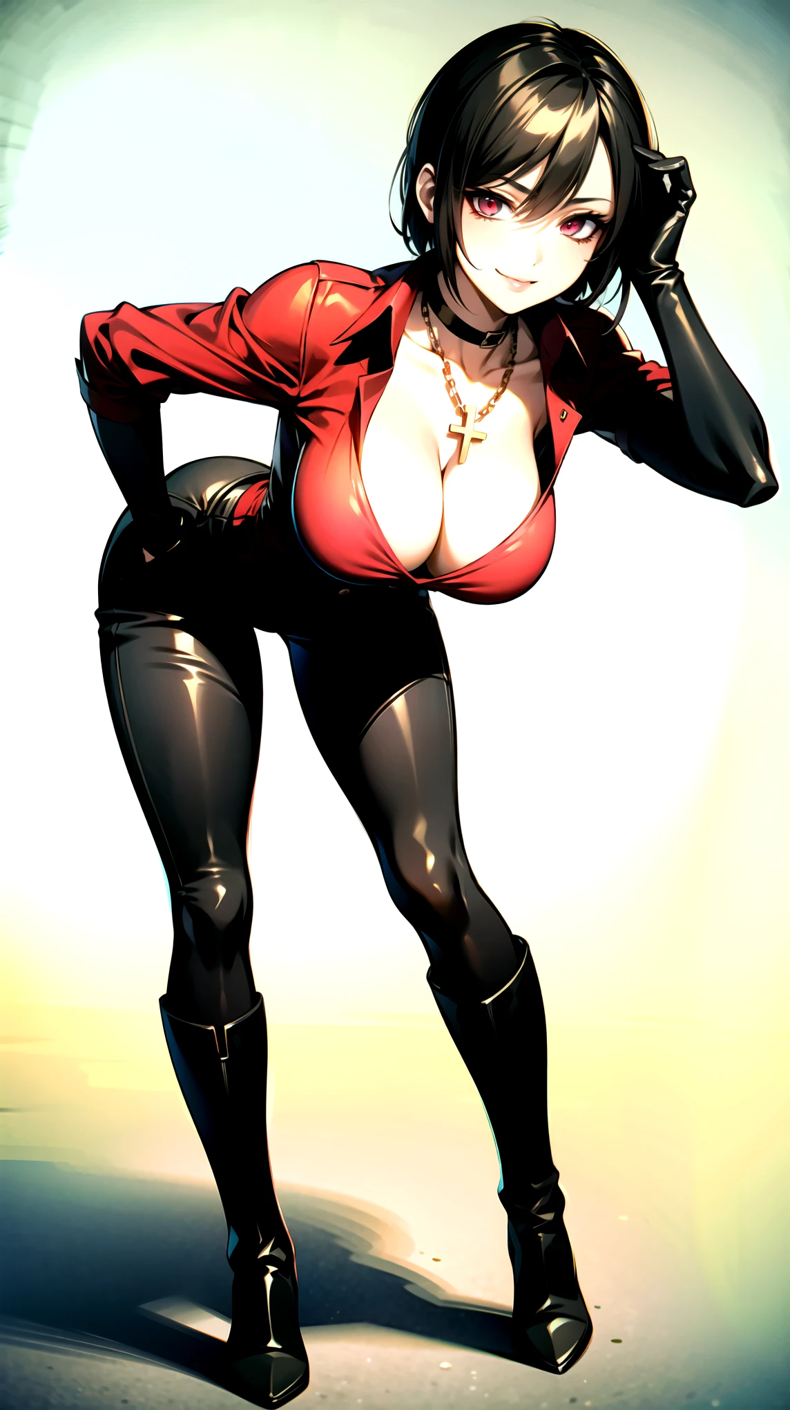 （（super high quality,））（（Ultra-high resolution,））（16K,）（super masterpiece,）（（Ultra HD ,））（Detailed shading,）A sexy mature woman,（（Red collared shirt,popped Tight collar,Folded sleeves,Black long gloves,Glossy black pants, Black long boots,））Black hair straight short,Sharp Eyes,Cleavage,Place one hand on hip,Leaning forward greatly,Provocative smile,Cross Necklace,