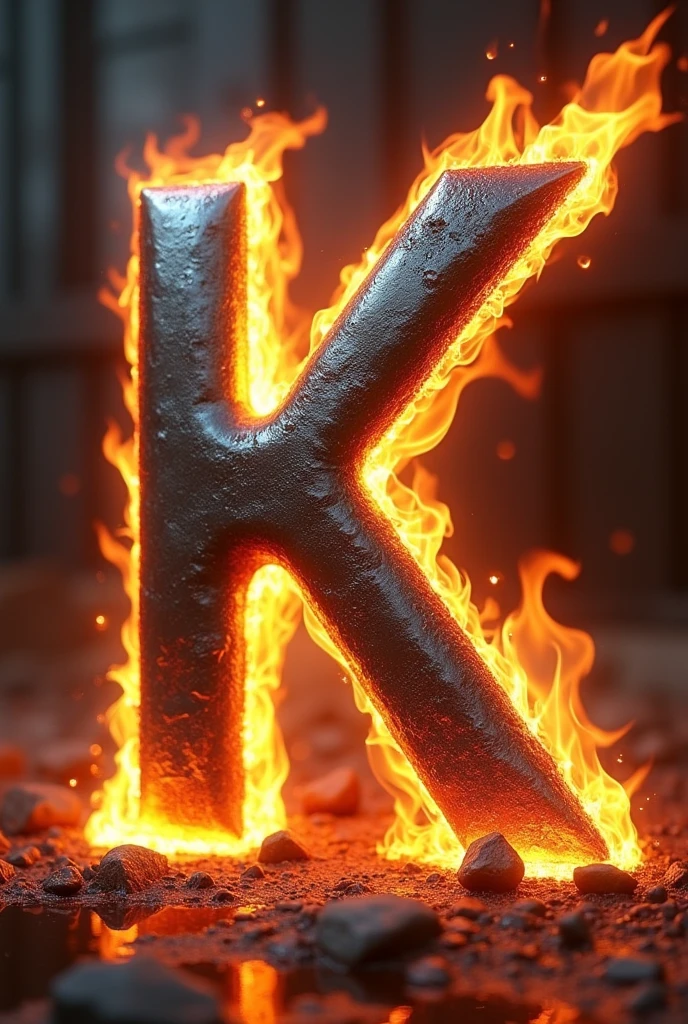 The letters K metallic tone with fire around 