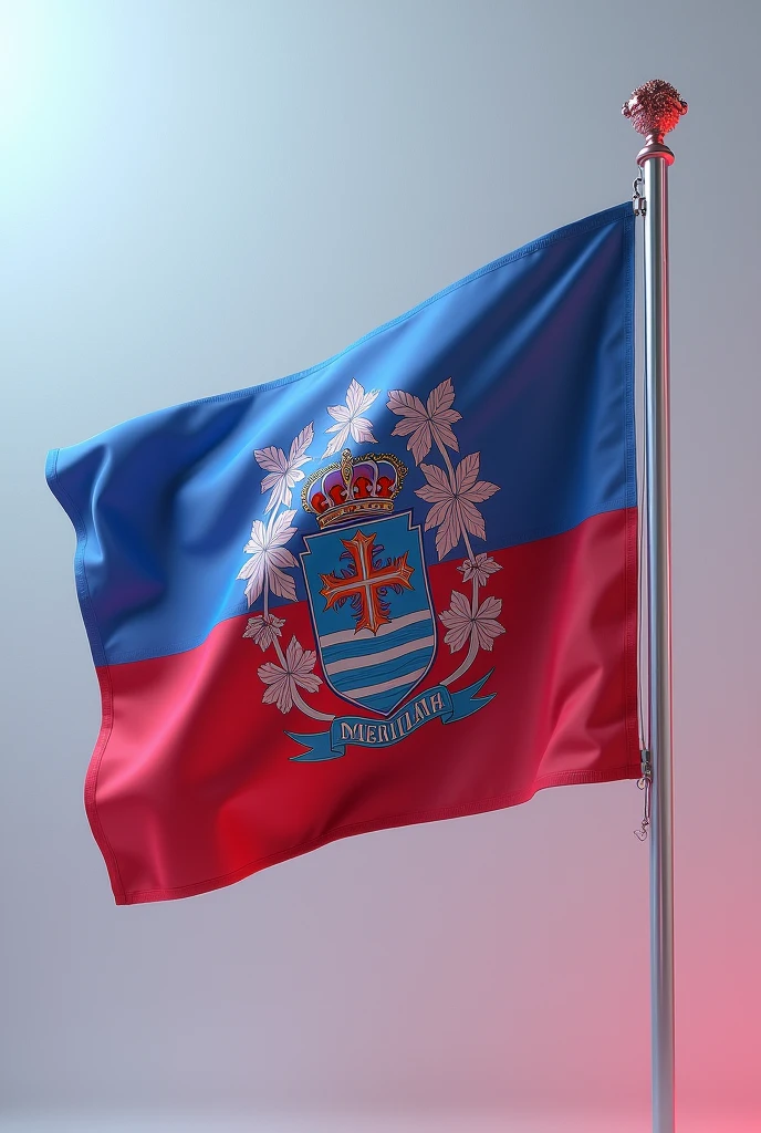 A flag of a country, smooth and without wrinkles, blue and red. with a coat of arms, desenho de flores rosa-claro on the coat of arms, mar on the coat of arms, and a banner written "Merliah" on the coat of arms
