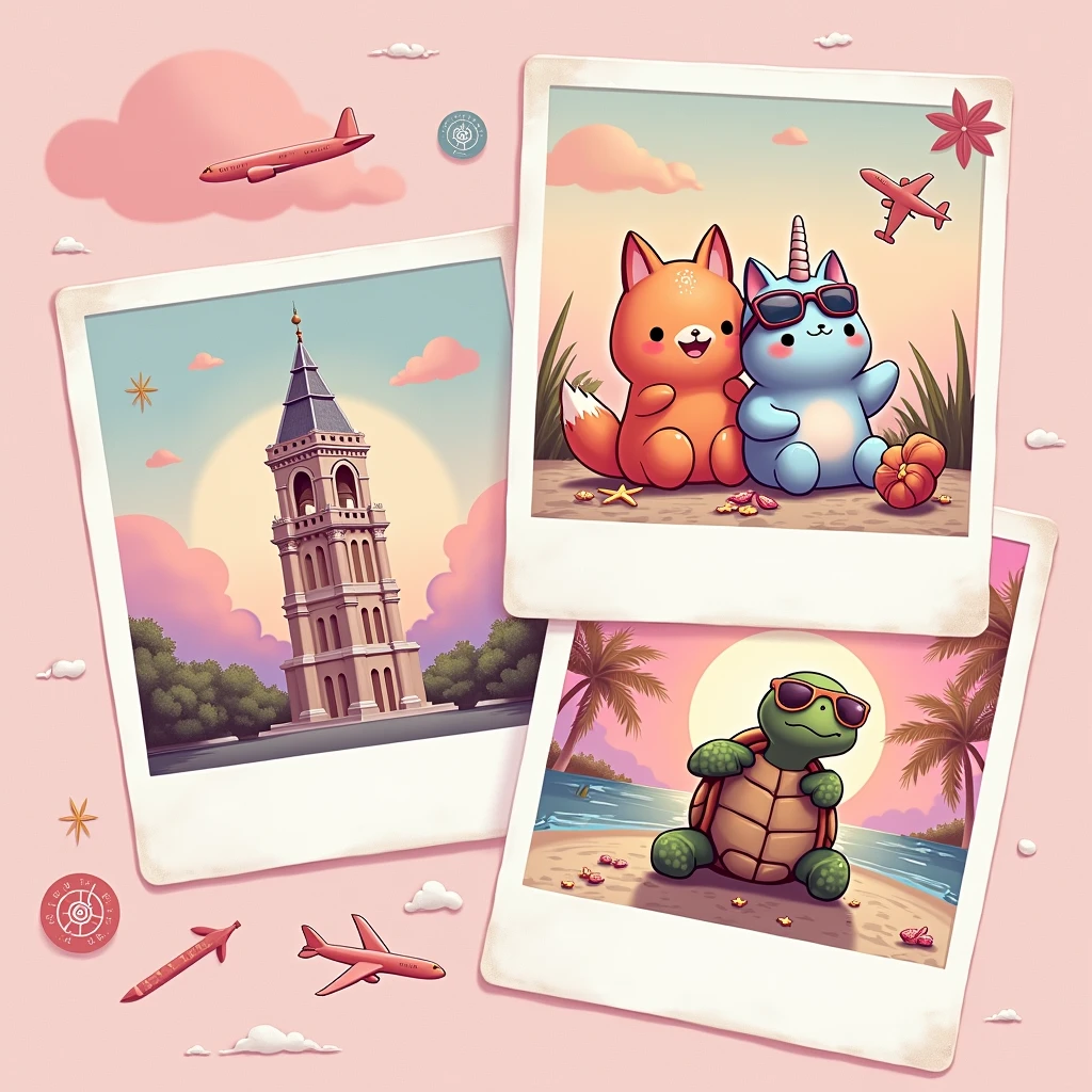 "Create a highly realistic and detailed digital painting style illustration, with good layout and design features. A imagem deve ser ((glad)), with good contrast, fine and delicate strokes, cute and fun, intended for the public . The illustration features three polaroid-style photos, each showing a Squishmallows in different situations during a trip. Squishmallows look like teddy bears: in the first photo, um Squishmallows raposa laranja glad tirando uma foto em frente a um famoso ponto turístico; In the second photo, a blue unicorn Squishmallows with big round eyes carrying a suitcase at an airport; and in the third photo, um Squishmallows tartaruga glad usando óculos de sol enquanto relaxa em uma praia tropical. The photos are random, portraying different places and travel situations. The art, Em geral, presents a distribution that resembles shirt prints, avoiding a rectangular shape. Below this scene, there is text that says 'Bon Voyage' in a stylized font that suggests a vibe of adventure and exploration. The font color transitions from pink at the top to yellow at the bottom, imitating a sunset. This image evokes nostalgia for travel and adventure, symbolizing freedom and leisure." add icons like map, plane , compass. and leave the background white