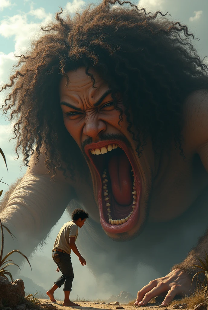 A young giant mixed-race woman, 2, curly brown black hair, her mouth open, holding a small man by the arm above her head, ready to let go of him to eat himA young giant mixed-race woman, 2, curly brown black hair, her mouth open, holding a small man by the arm above her head, ready to let go of him to eat him
