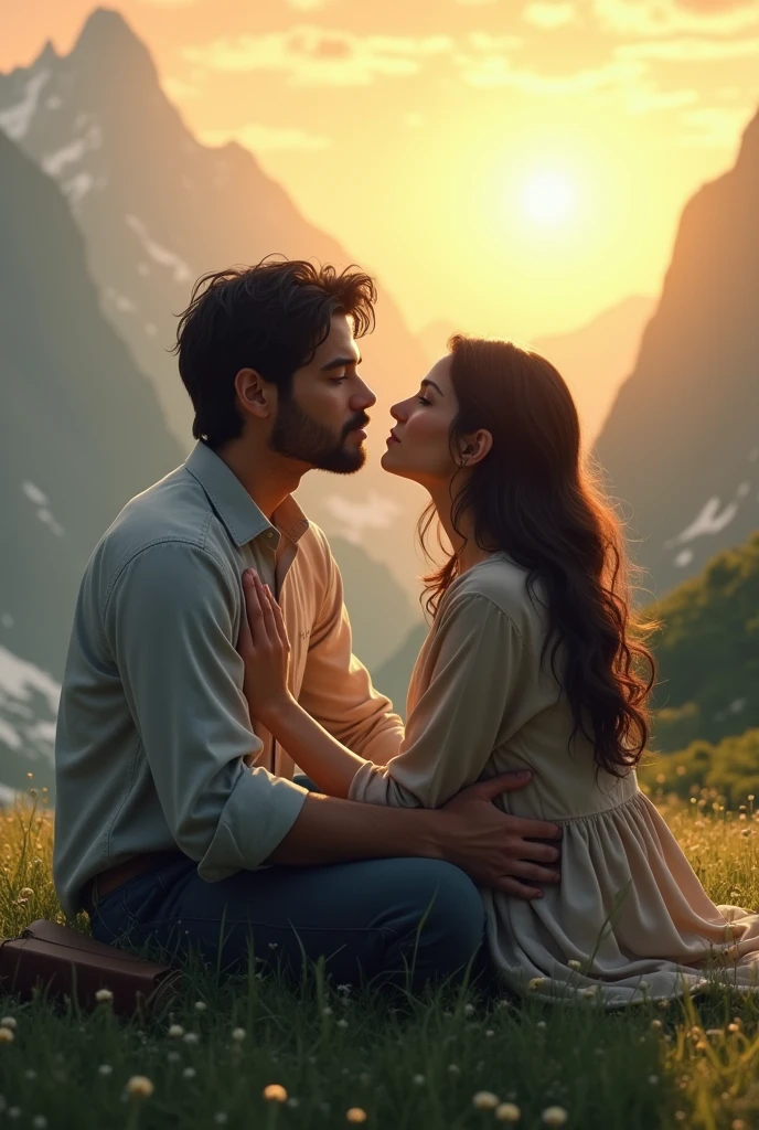 Dark-haired man and woman sitting on the grass hugging each other looking at the sky with hope with the Bible in their hands in the background a landscape with mountains and sun