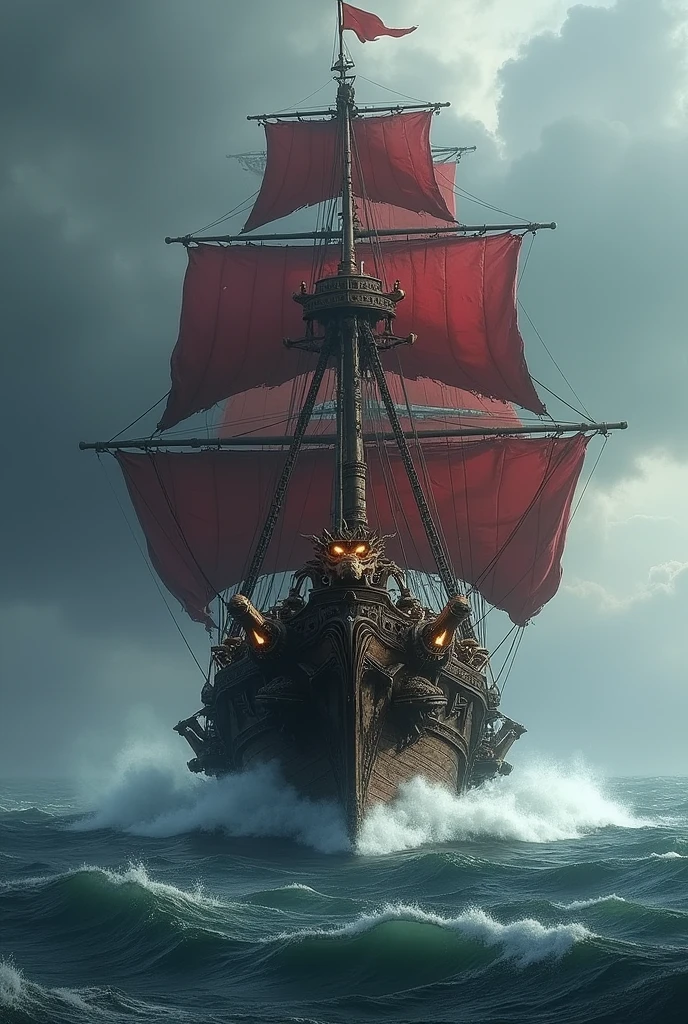 Create a very well made image of a boat sailing on the sea, this boat has a very luxurious and demonic design and is heavily armed, it is a large realistic pirate ship, it has the face of a demonic beast with glowing eyes on the front of the boat, Featured colors are black and crimson red, the boat shows that it has powerful weapons. This pirate ship has a brown hull and only 4 sails, this boat doesn't have many sails because it is realistic