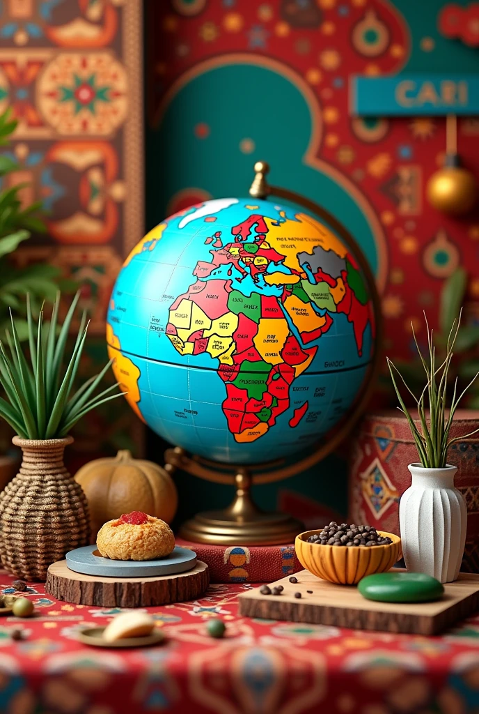 Against a vibrant and multicultural background, you see a diverse collection of products representing various cultural traditions around the world. Ao centro, a stylized globe symbolizes cultural diversity, with different areas highlighted by distinct patterns and colors, representing various traditions and cultures.
Around the globe, there is a selection of high quality products, displayed with details that highlight their authenticity and excellence. These products are presented in elegant and innovative displays, that highlight customer experience and innovation.
In the upper right corner of the image, a stylized banner displays the phrase “Committed to Authenticity” in a sophisticated font, while other tracks highlight “Passion for cultural diversity”, “Excellence in product selection”, “Innovation in customer experience” and “Respect for the traditions of each country”.
The visual composition is harmonious, combining modern and traditional elements to convey a sense of respect and innovation.