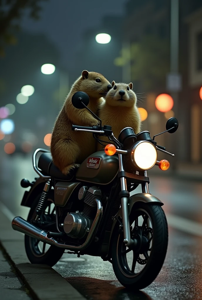 Two marmots having sex on a Honda 160 motorcycle at night on the avenue