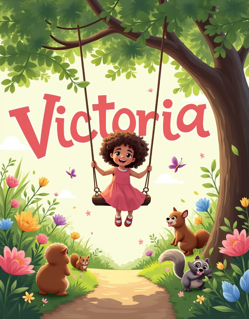 beautiful big garden in spring leaves flying,A Tree Swing,various animals, butterflys, squirrel, raccoon, a smiling brown child with brown eyes in a pink dress baby , with curly hair on the swing playing, flowers along the dirt road,large image of the name Victoria written in light baby pink in the background, high resolution ,width twice as large as height