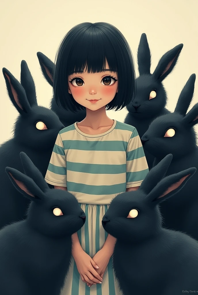 1 girl, short hair, Stripe, black fur, straight hair, corona, with rabbits