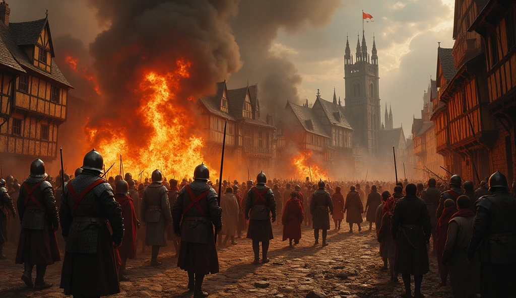 A harrowing painting depicting English troops ruthlessly sacking and burning a Norman city in the 14th century. The scene is engulfed in chaos, with towering flames consuming half-timbered buildings, their orange and red hues casting a sinister glow over the darkened sky. English soldiers, clad in chainmail and surcoats bearing the cross of St. George, are seen looting valuables from the crumbling structures, their faces grim and determined. In the foreground, civilians flee in terror, their expressions a mix of despair and fear, clutching whatever possessions they can carry. The streets are littered with debris, and in the background, the silhouette of a grand cathedral is barely visible through the thick smoke. The overall atmosphere is one of devastation and dread, with dark, moody tones dominating the palette, capturing the brutal reality of medieval warfare. The detailed, evocative style is inspired by the work of Edmund Blair Leighton, emphasizing the tragic consequences of thes, Surrealism, Hyperrealism, UHD, retina, masterpiece, accurate, anatomically correct, textured skin, super detail, best quality, 16k