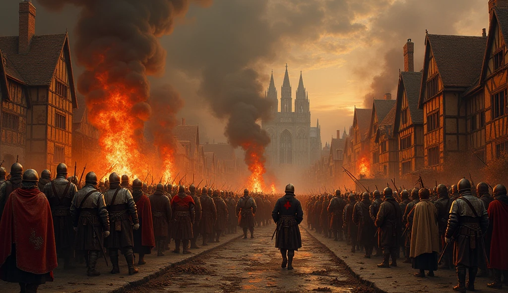 A harrowing painting depicting English troops ruthlessly sacking and burning a Norman city in the 14th century. The scene is engulfed in chaos, with towering flames consuming half-timbered buildings, their orange and red hues casting a sinister glow over the darkened sky. English soldiers, clad in chainmail and surcoats bearing the cross of St. George, are seen looting valuables from the crumbling structures, their faces grim and determined. In the foreground, civilians flee in terror, their expressions a mix of despair and fear, clutching whatever possessions they can carry. The streets are littered with debris, and in the background, the silhouette of a grand cathedral is barely visible through the thick smoke. The overall atmosphere is one of devastation and dread, with dark, moody tones dominating the palette, capturing the brutal reality of medieval warfare. The detailed, evocative style is inspired by the work of Edmund Blair Leighton, emphasizing the tragic consequences of thes, Surrealism, Hyperrealism, UHD, retina, masterpiece, accurate, anatomically correct, textured skin, super detail, best quality, 16k