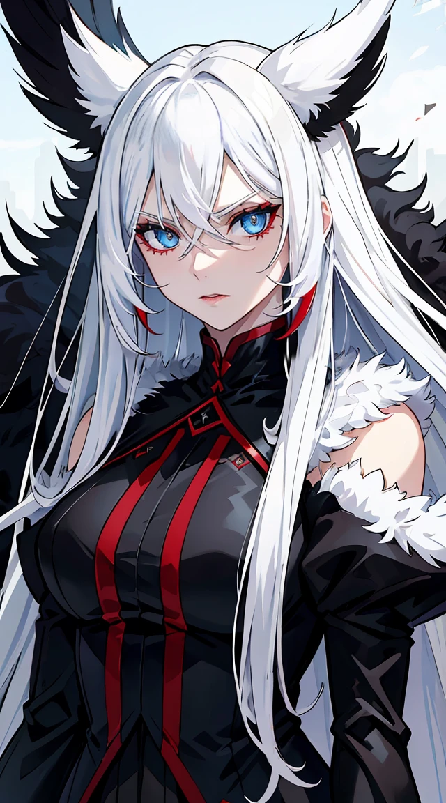 Long white hair, blue eyes, evil, sexy, black and red clothes, evil face, evil, serious look, gloss lips, sinister, front look, bloody, gloves, close up, portrait, beautiful eyes, big white, dark place, night, sensual, straight hair cut, clear skin, evil, young 30 years girl, adult girl, solo, red, very long hair, ankle length hair, handsome older WOMAN,azure-eyes,crimson pupils,Long white hair,Hyperresolution,accuracy,Detailed rendering,(Image of fine hair)(topquality)(Masterpieces of masters)(High degree of completeness)(A sense of atmosphere)tmasterpiece,Super detailed and super detailed(((full-body)))(((white and black fur fight outfit))) (((Soft expression)))(((Fur sleeves)))