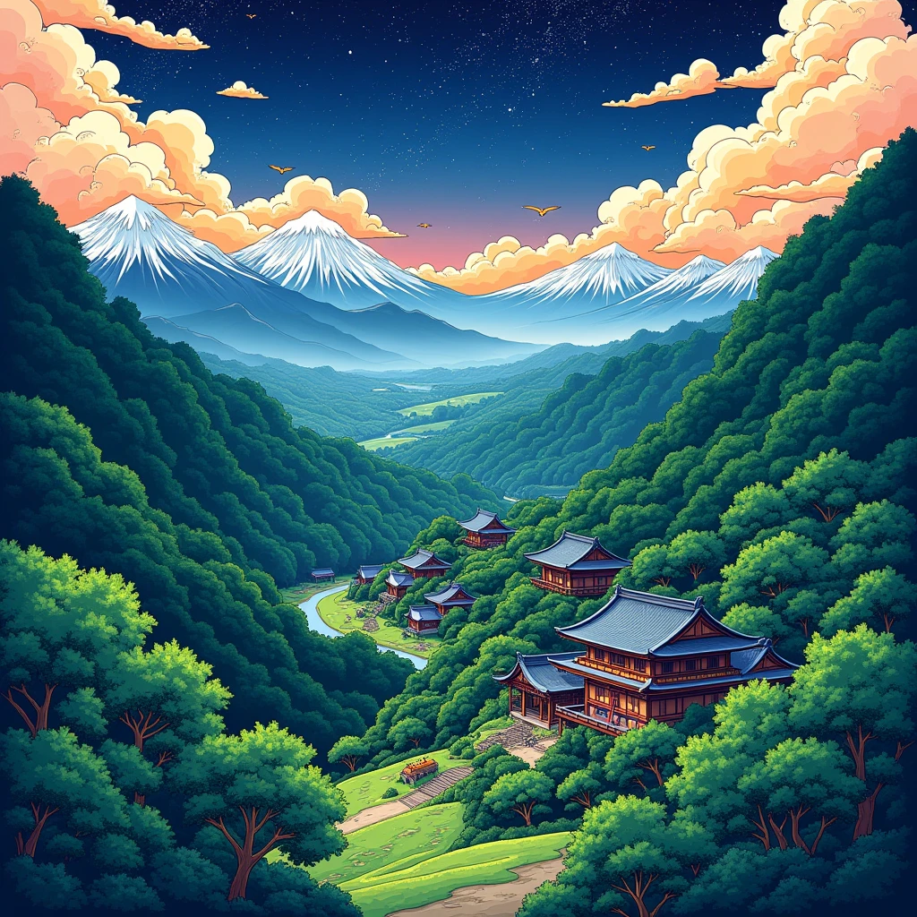 Intricate details of Japanese forest painting,galaxy in the background, clouds, village in the mountains, vivid color, hight contrast, moutain, vector line art, orange highlights, trends on Pixiv, anime concept art, high qualiy, End to end,