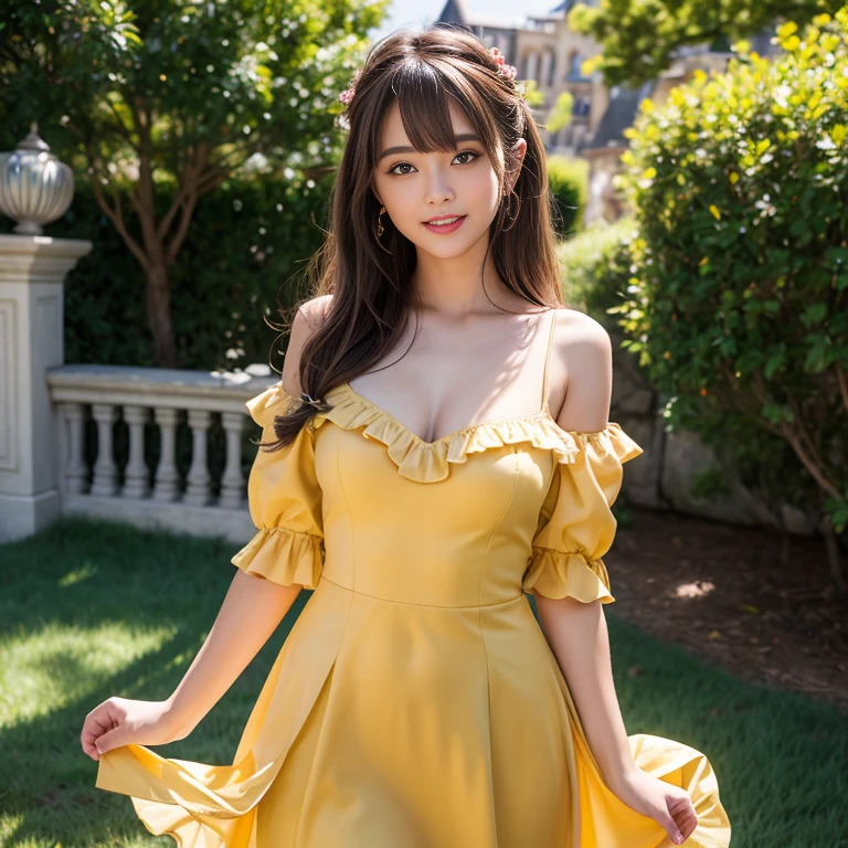 laughing out loud,1 female, 2,(Yellow princess dress in beauty and the beast),Outside the castle,Large skirt,Big hem,light brown hair, blunt bangs, hair behind ears, Shoulder length hair, long hair, Slender body type, 超face slimming型, face slimming, delicate lips, beautiful eyes, Thin blush, Eyes are light brown,Check it out here, (actual:1.3), One person's perspective, 8k, Super detailed, high quality, best quality, High resolution,knee shot,My breasts look big in my clothes