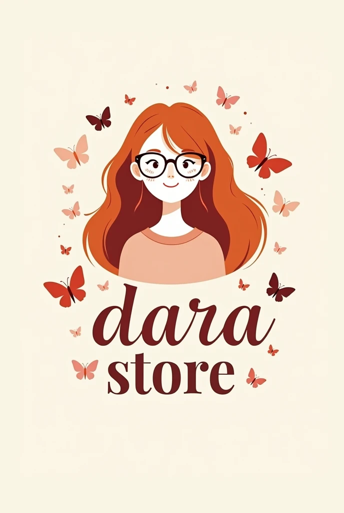 logo in 2d ,with a white girl with copper hair wearing glasses that says Dara Store in pretty letters and butterflies