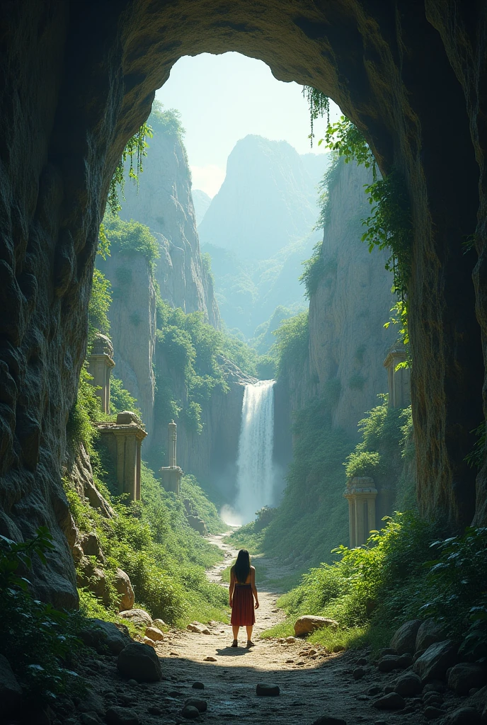 Create an image of the exit of a cave opening into a hidden, lost city. The view from inside the dark, rocky cave reveals a lush, overgrown valley with ancient stone structures partially covered by vines and foliage. Sunlight filters through the dense canopy above, casting dappled light onto the ruins of temples, columns, and crumbling walls. In the distance, a waterfall cascades down a cliff, adding a misty, mystical element to the scene. The atmosphere is mysterious and awe-inspiring, capturing the sense of discovery of a forgotten civilization hidden in a remote location.
