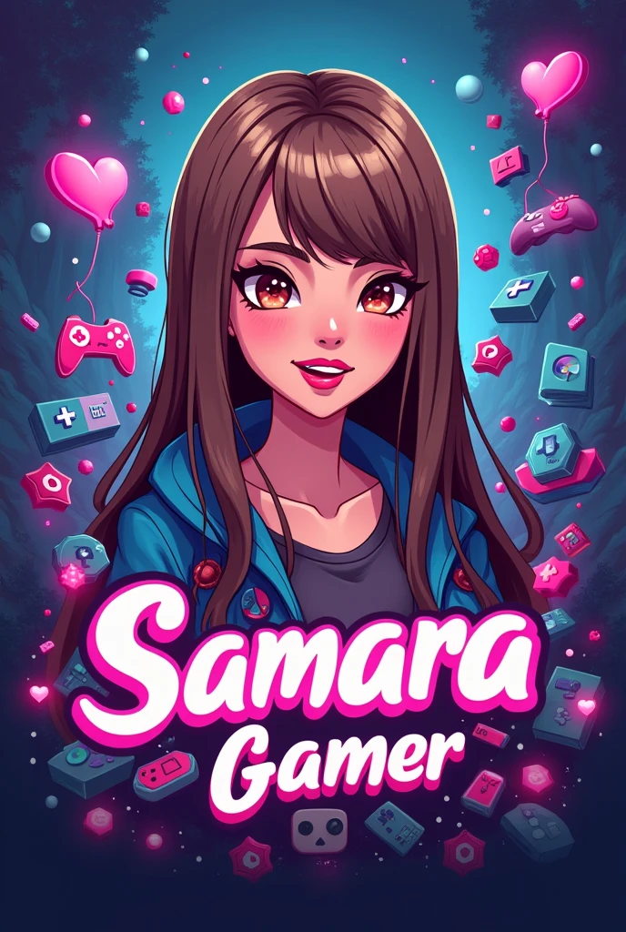 Create a kids logo for a YouTube channel , with an avatar of an imposing woman with straight light brown hair, light brown eyes with pink lips, and with the name Samara Gamer on a background of virtual games like play mouth without sexualization