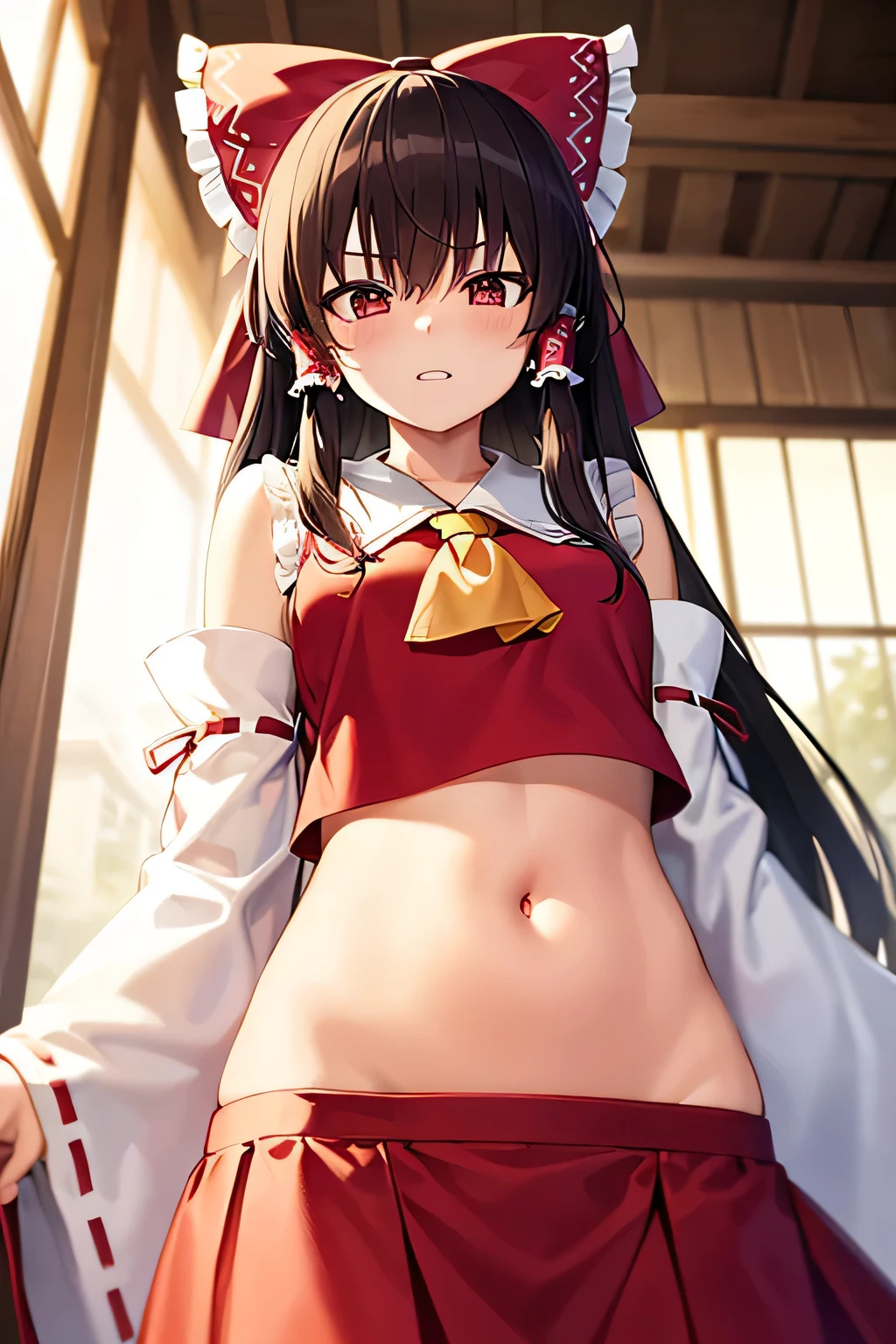 super fine illustration, vibrant colors, masterpiece, sharp focus, best quality, depth of field, cinematic lighting, ultra detailed, belly, belly button, bellybutton, navel, tummy, shrine maiden, hakurei reimu, 1girl, hair bow, ascot, hair tubes, detached sleeves, looking down, red shirt, red skirt, long skirt, very long hair, dark brown hair, mature woman, hakurei reimu, 1girl, hair bow, ascot, hair tubes, miko, detached sleeves, Reimu Hakurei, teeth, indoors, midriff